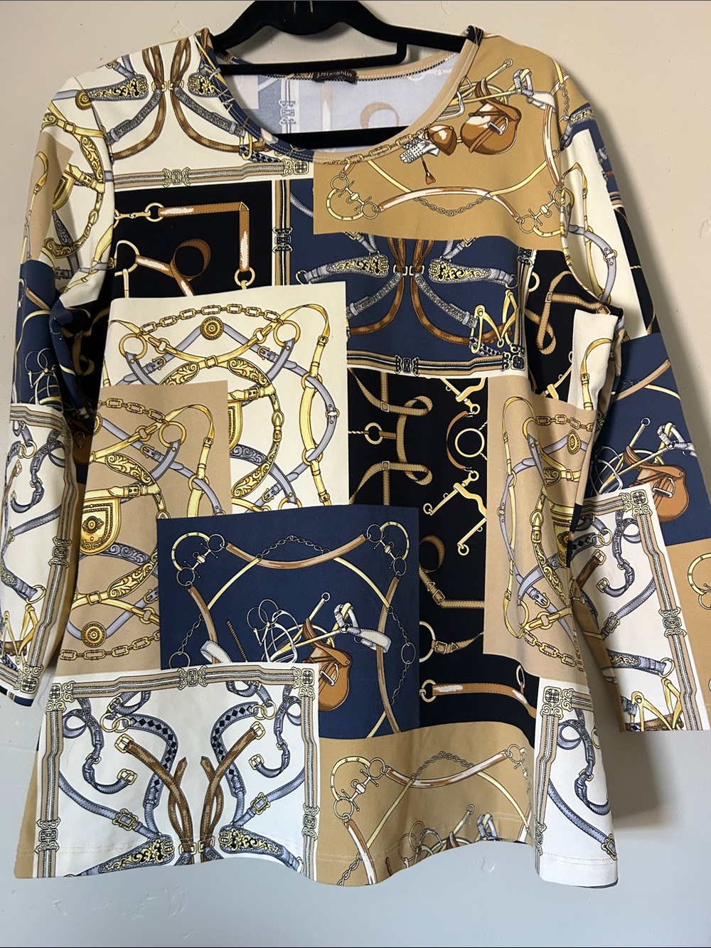 J. McLaughlin Women’s Multicolor Equestrian Print Knit Stretch Tunic Top Sm/Med